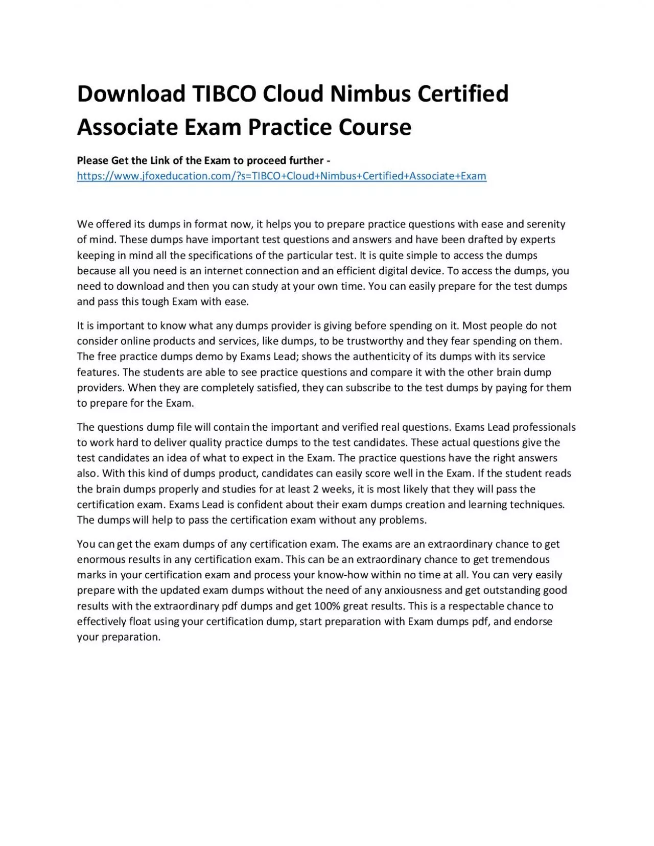 PDF-Download TIBCO Cloud Nimbus Certified Associate Exam Practice Course