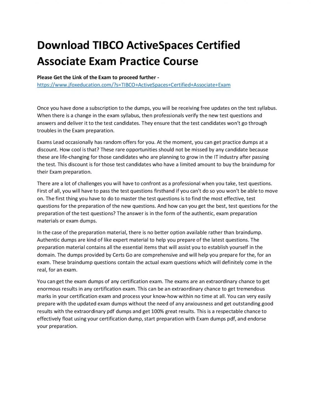 PDF-Download TIBCO ActiveSpaces Certified Associate Exam Practice Course