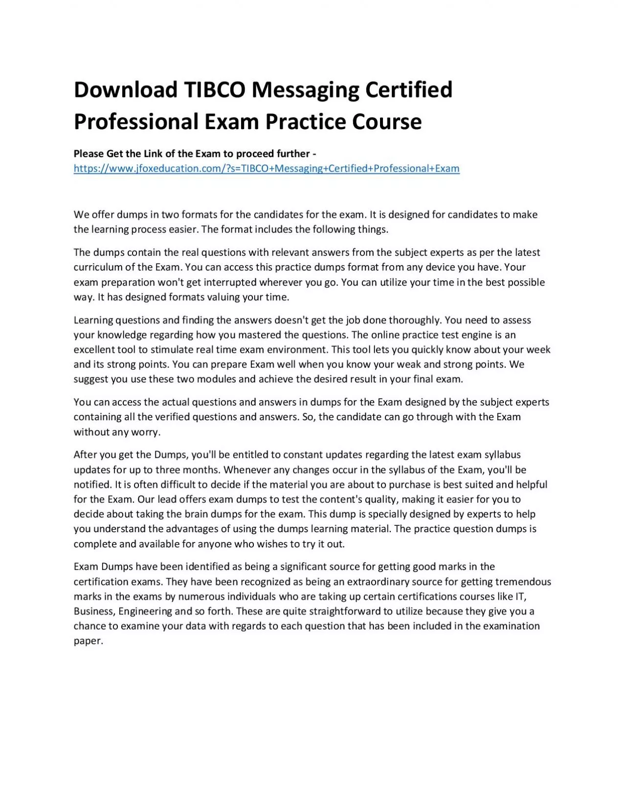 PDF-Download TIBCO Messaging Certified Professional Exam Practice Course