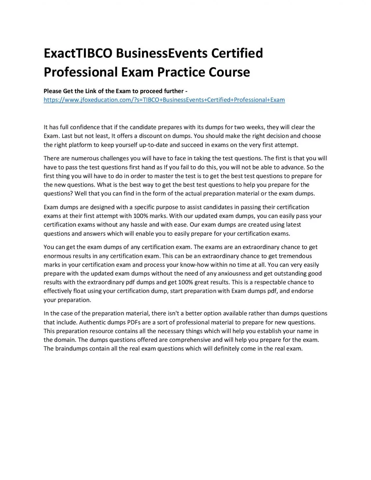 PDF-ExactTIBCO BusinessEvents Certified Professional Exam Practice Course