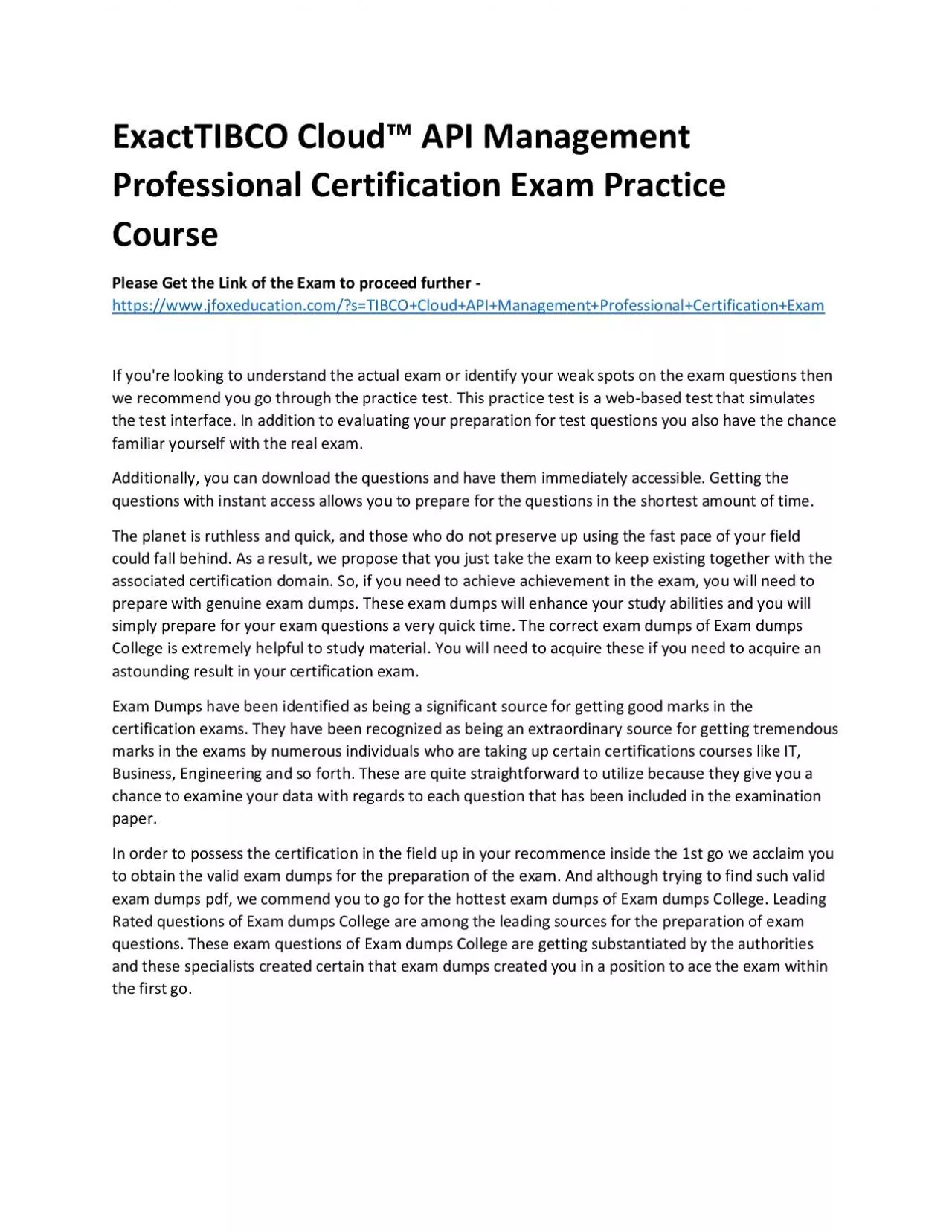 PDF-ExactTIBCO Cloud™ API Management Professional Certification Exam Practice Course