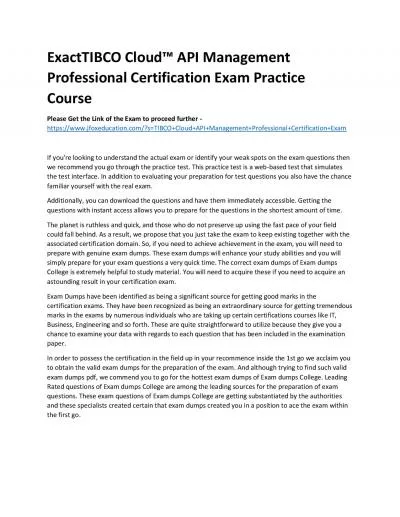 ExactTIBCO Cloud™ API Management Professional Certification Exam Practice Course