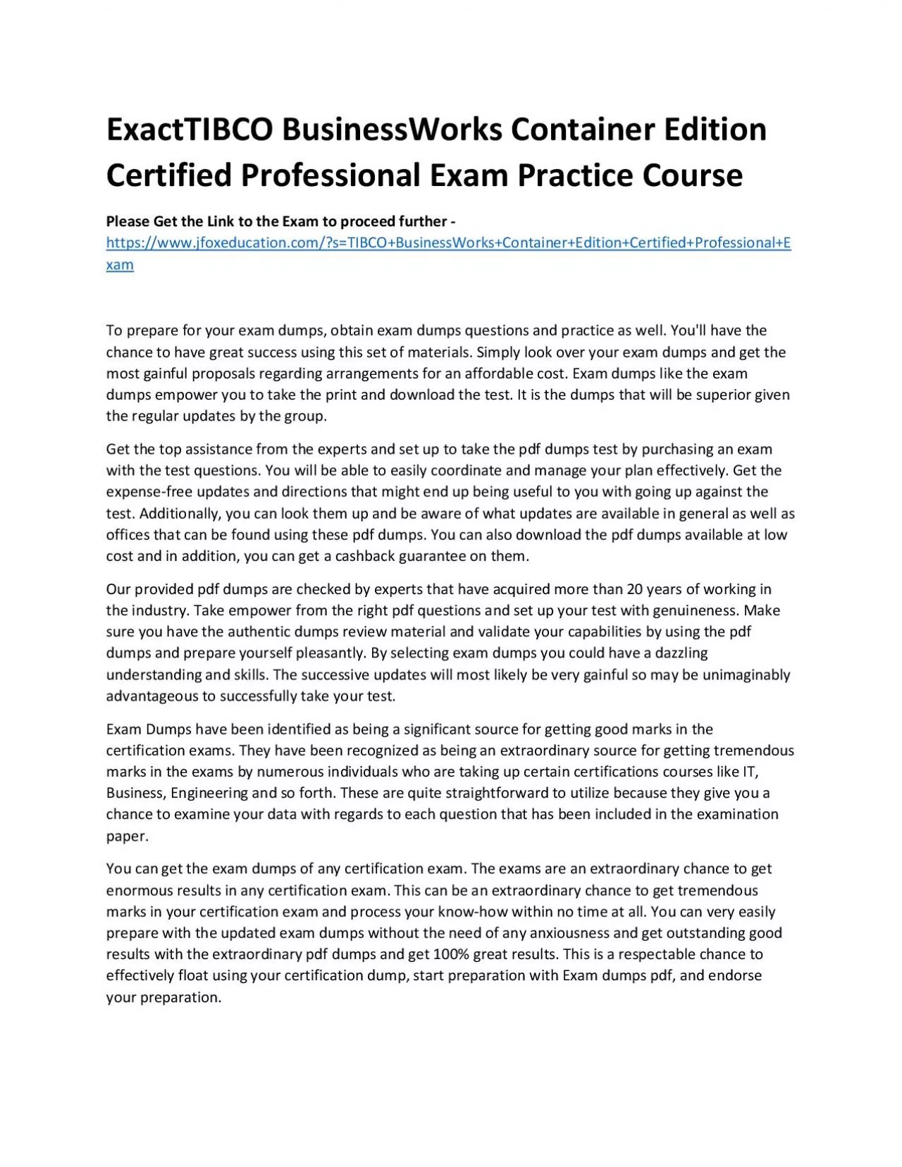 PDF-ExactTIBCO BusinessWorks Container Edition Certified Professional Exam Practice Course