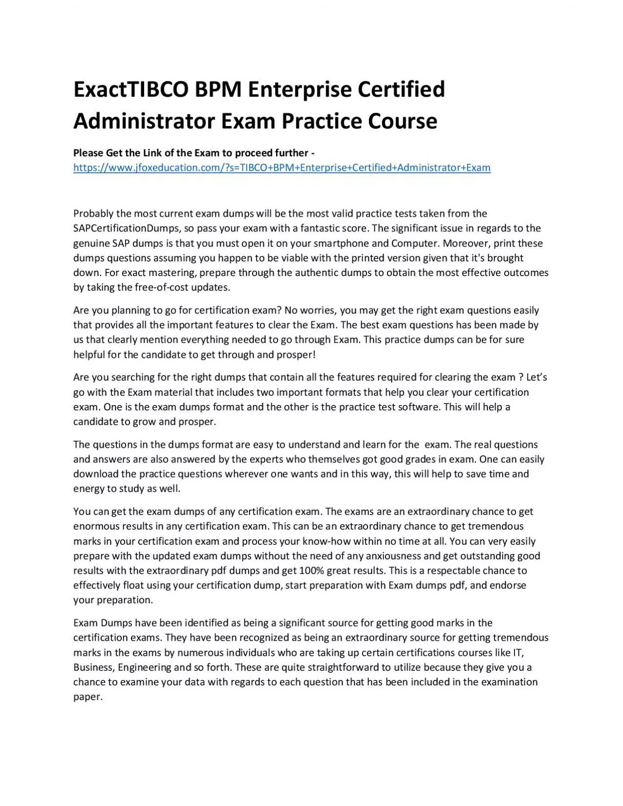 PDF-ExactTIBCO BPM Enterprise Certified Administrator Exam Practice Course