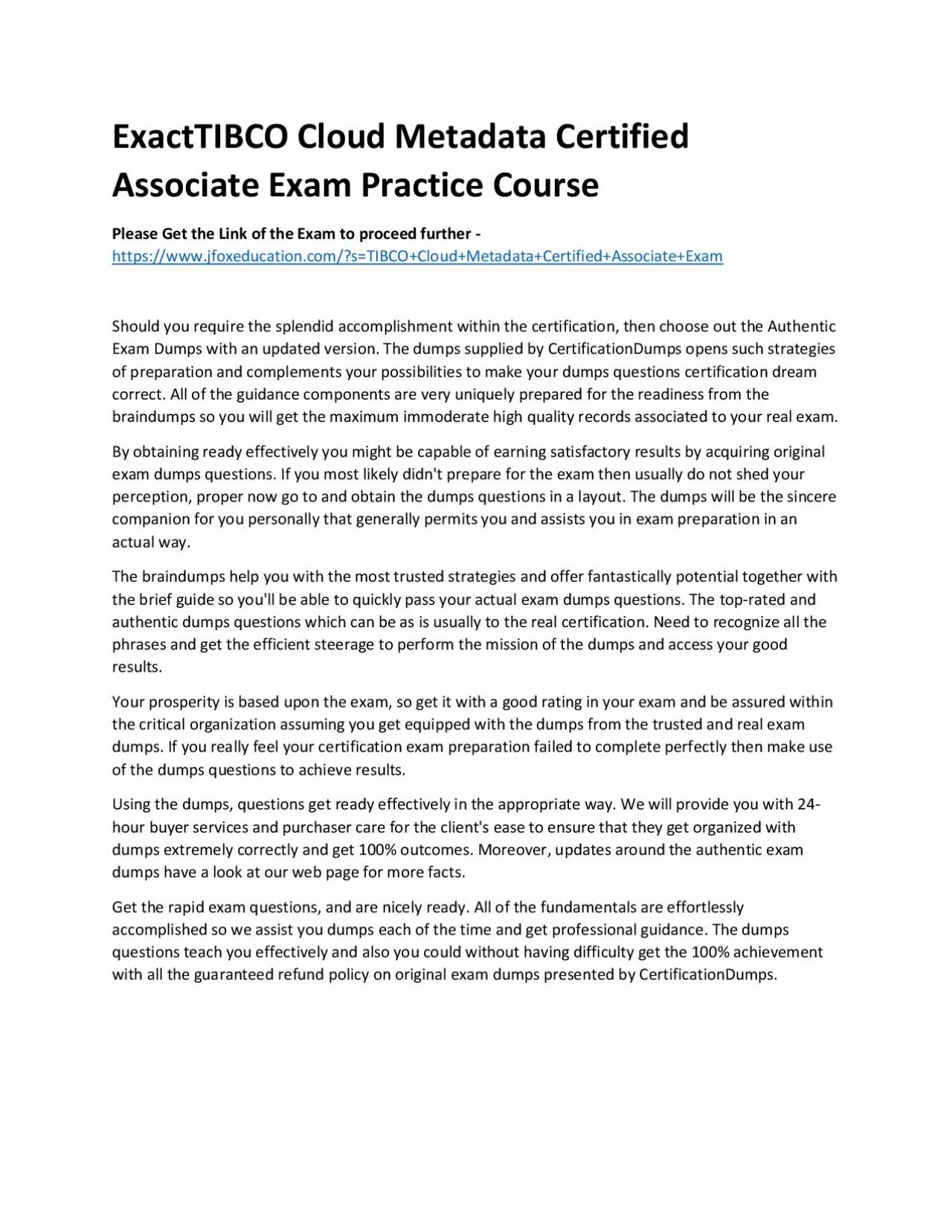 PDF-ExactTIBCO Cloud Metadata Certified Associate Exam Practice Course