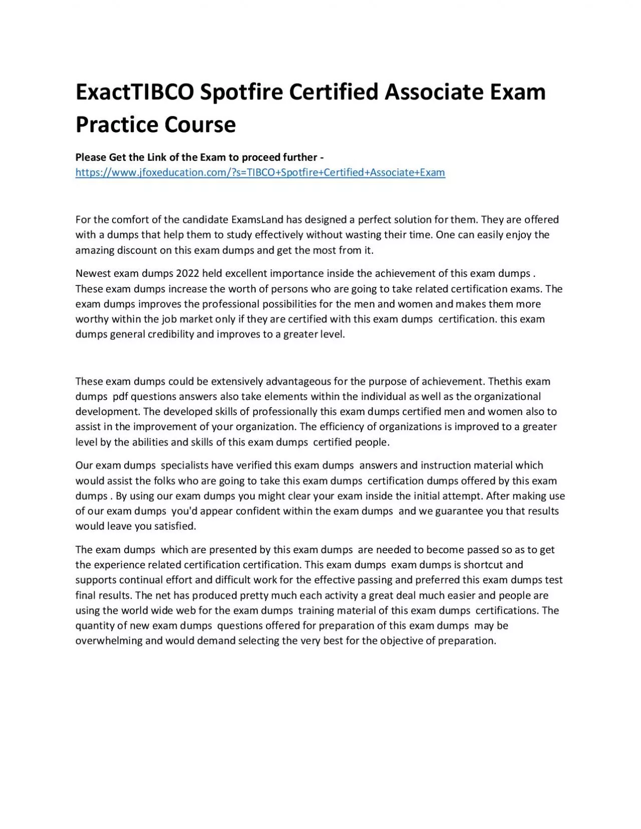 PDF-ExactTIBCO Spotfire Certified Associate Exam Practice Course