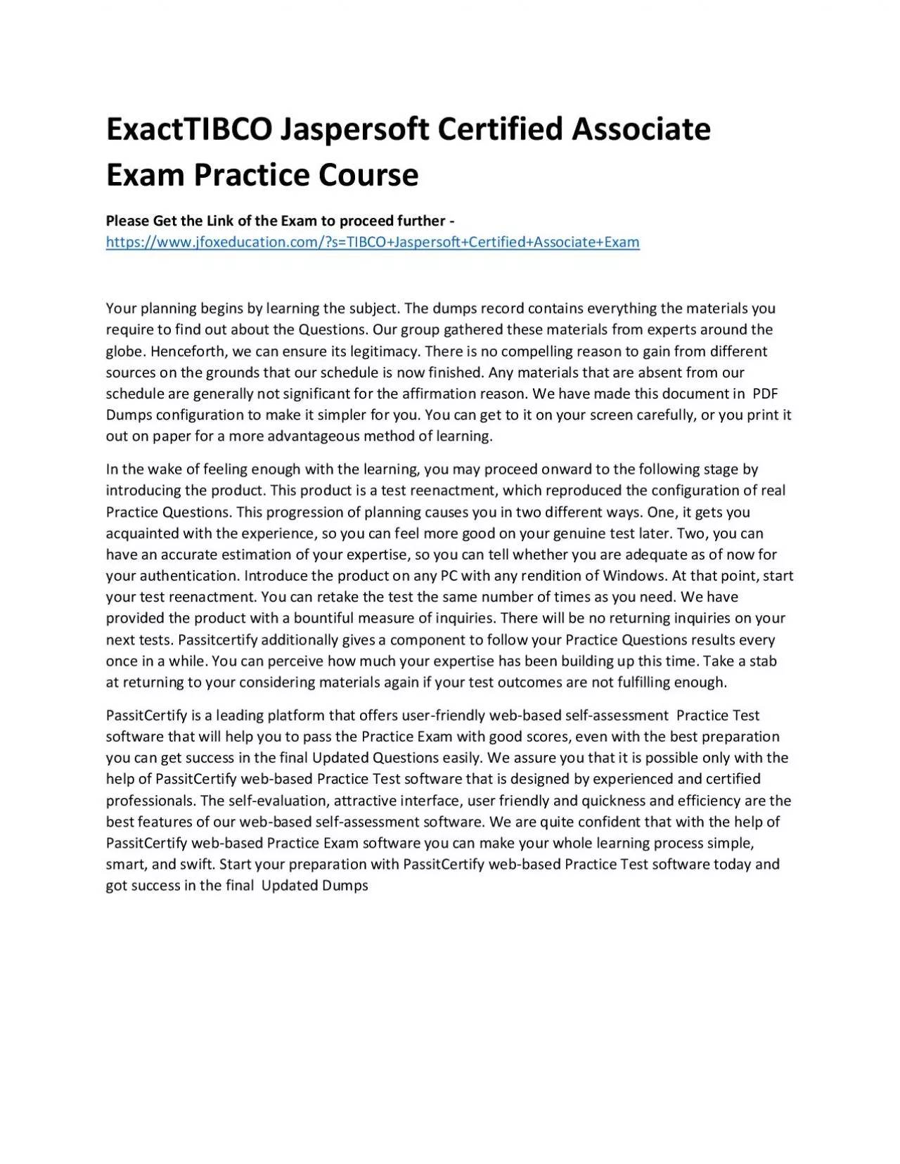 PDF-ExactTIBCO Jaspersoft Certified Associate Exam Practice Course