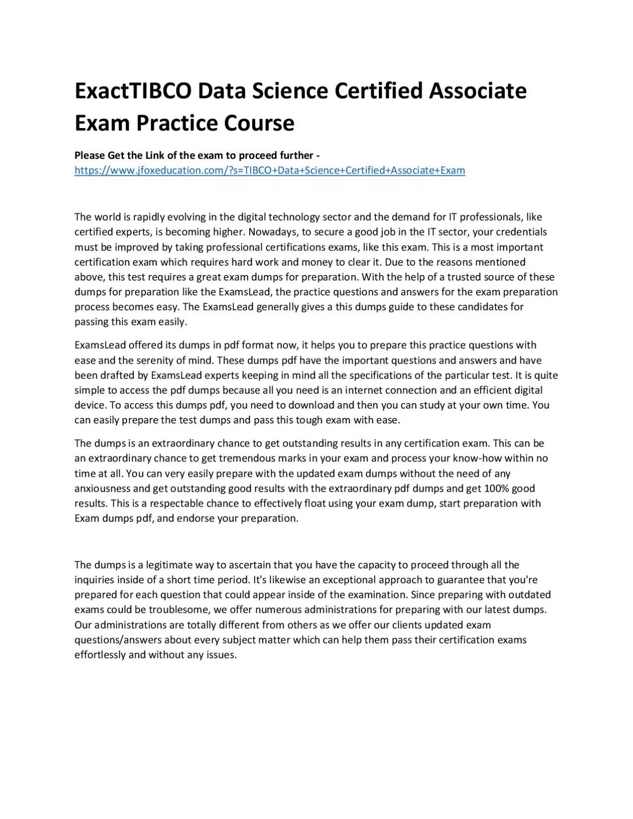 PDF-ExactTIBCO Data Science Certified Associate Exam Practice Course