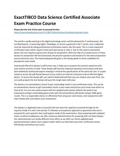 ExactTIBCO Data Science Certified Associate Exam Practice Course