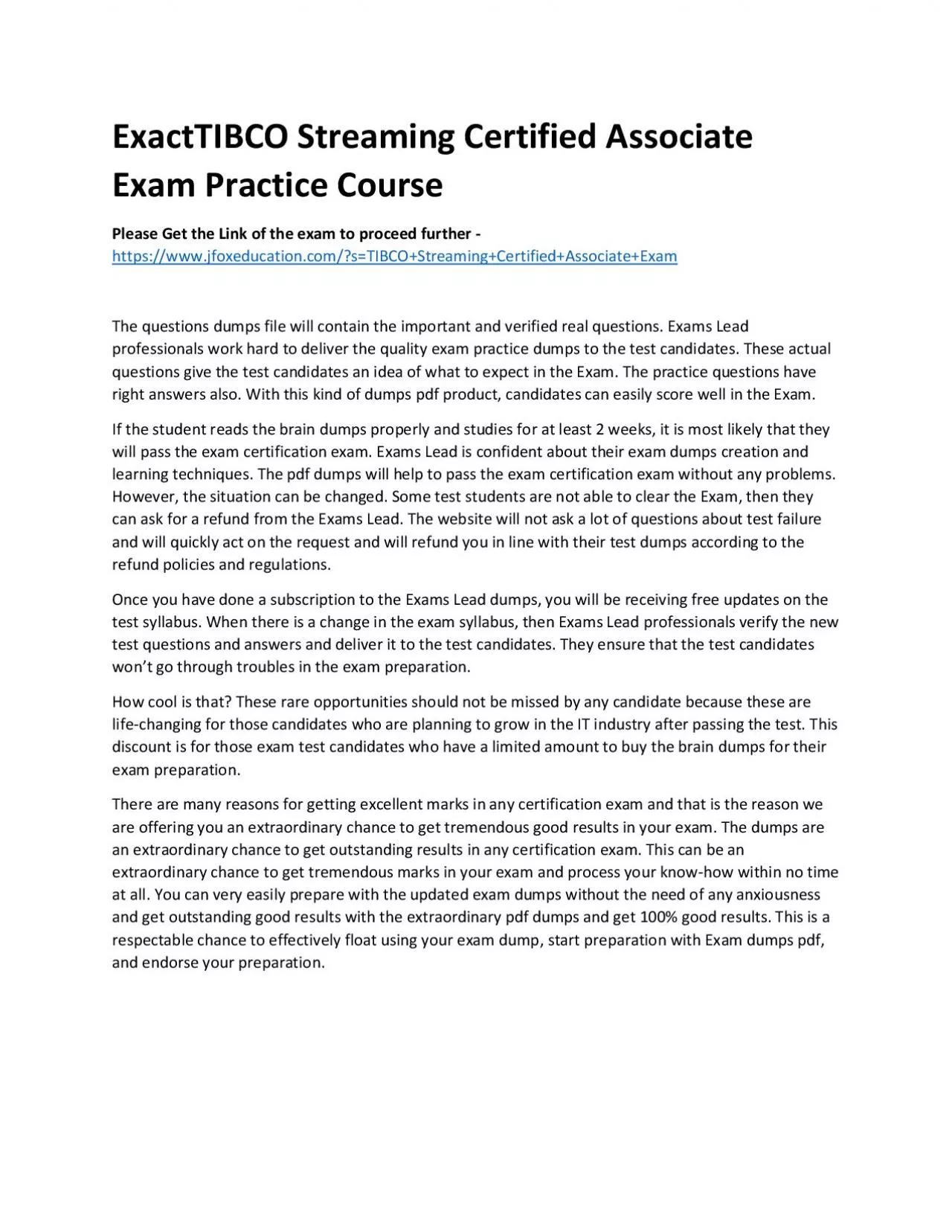 PDF-ExactTIBCO Streaming Certified Associate Exam Practice Course