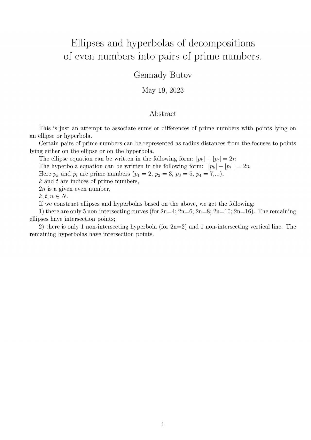 PDF-Ellipses and hyperbolas of decomposition of even numbers into pairs of prime numbers